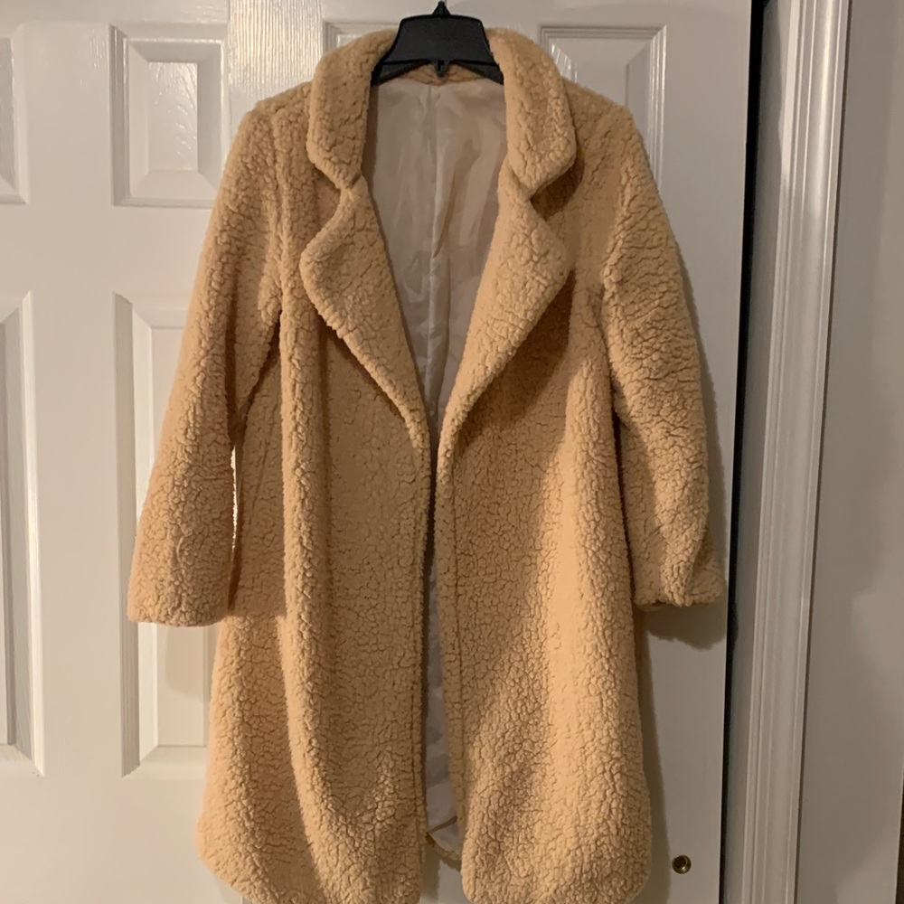Tan Open Frond Teddy coat with lapels size M